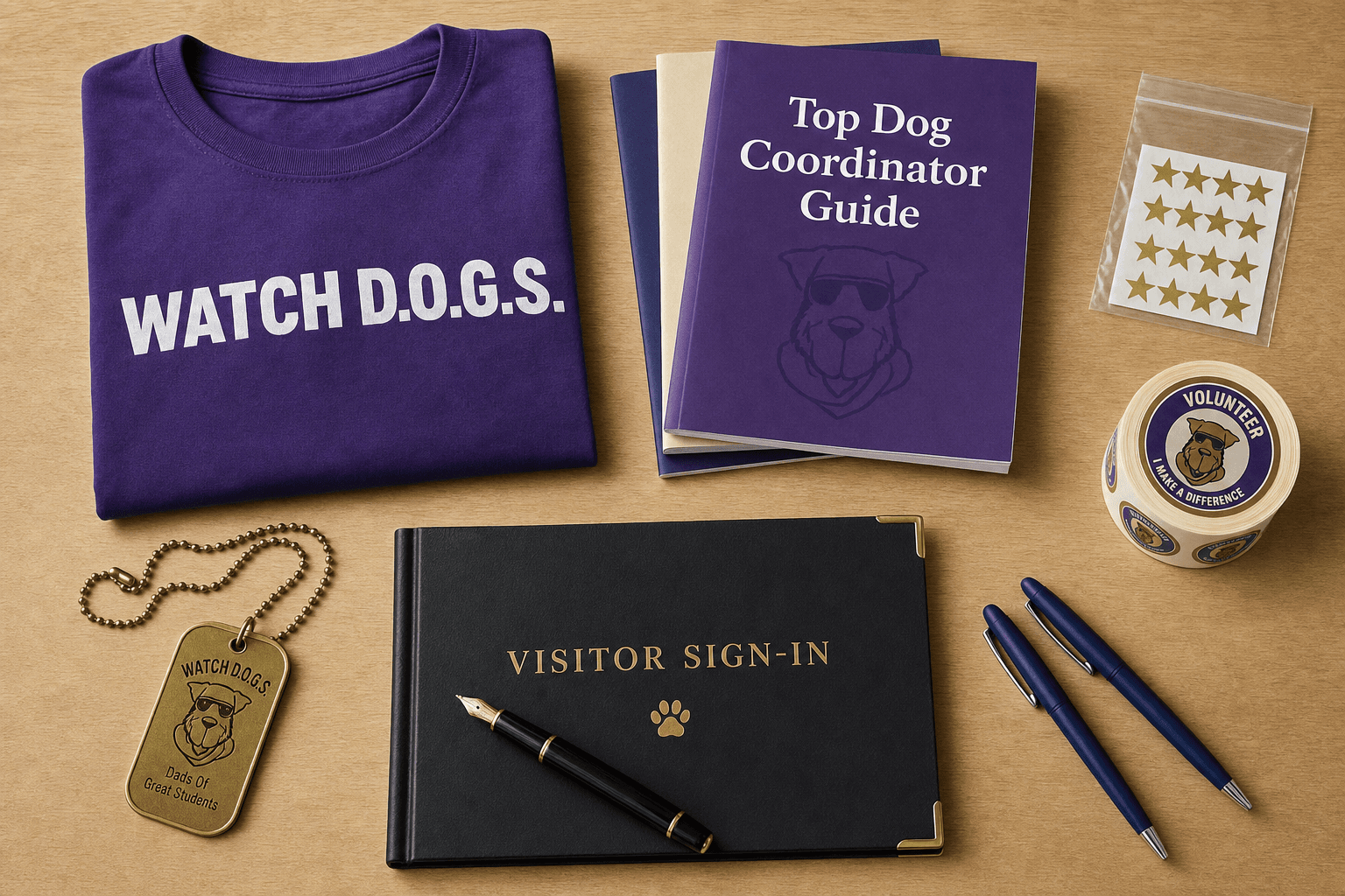 Flat-lay of the WATCH D.O.G.S. Startup Kit contents: program t-shirt, Top Dog Coordinator Guide, dog-tag pendant, visitor sign-in book, volunteer stickers, pens, and gold star stickers
