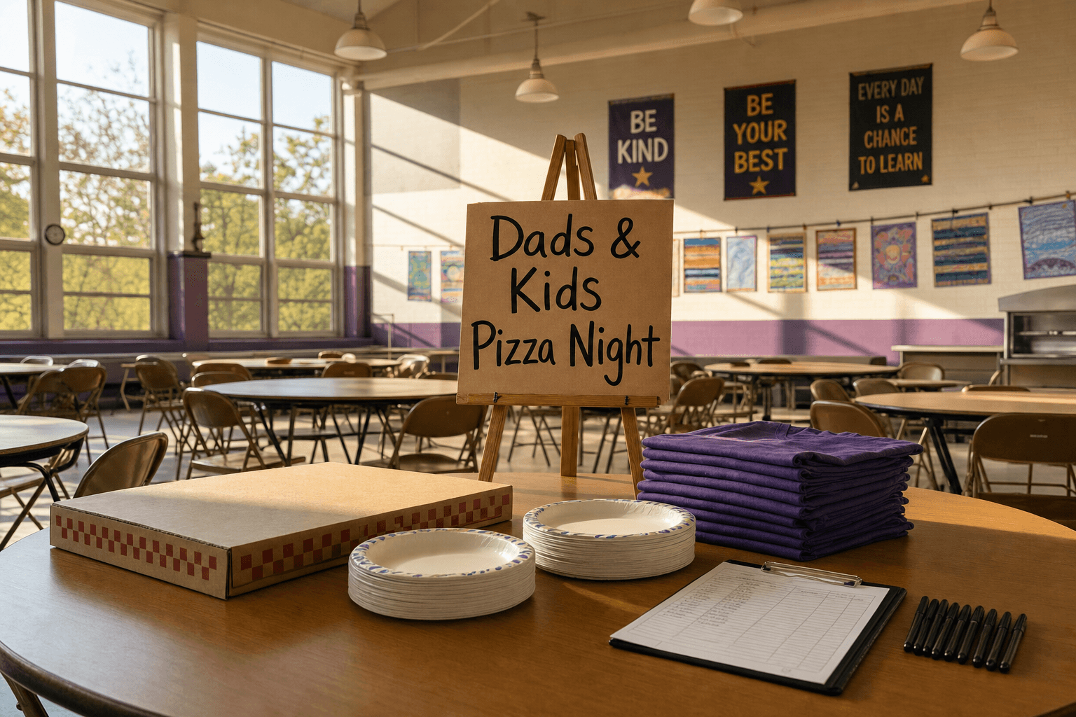 A school cafeteria set up for a Dads and Kids Pizza Night kickoff event, with pizza boxes, folded program t-shirts, sign-up clipboard, and an easel sign