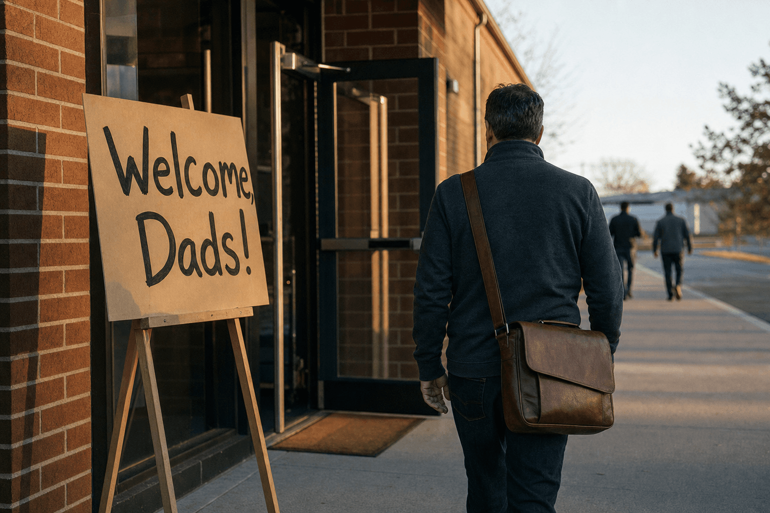 A dad walks into an elementary school past a 'Welcome, Dads!' easel sign at sunrise