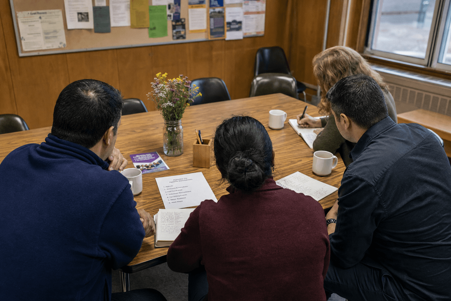 Four parent volunteers gathered around a school staff-room conference table reviewing a printed agenda together